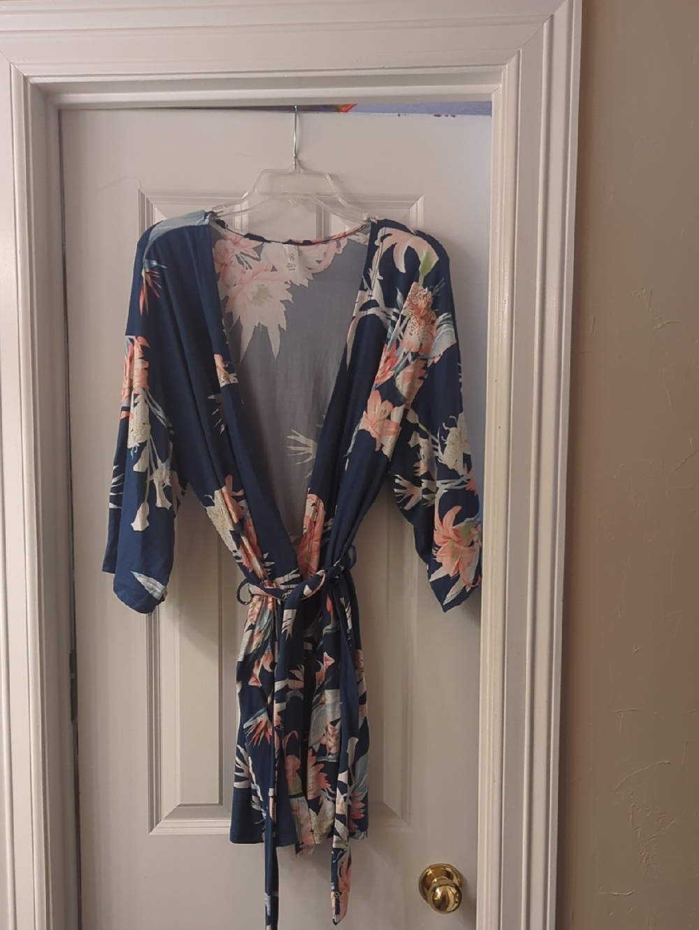 Floral Navy Kimono Robe with Pink and Cream Blooms